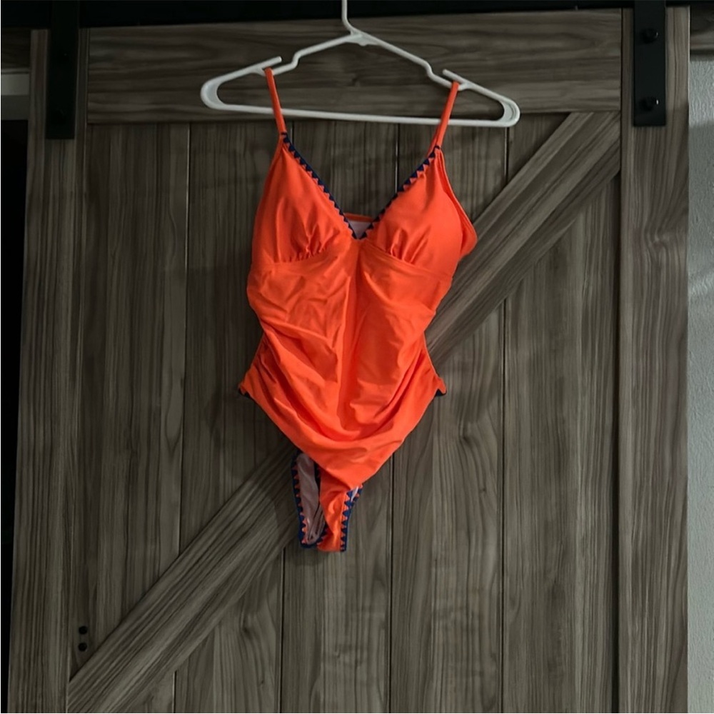 NWOT Vibrant Orange with blue stitch high cut One-Piece Swimsuit‎